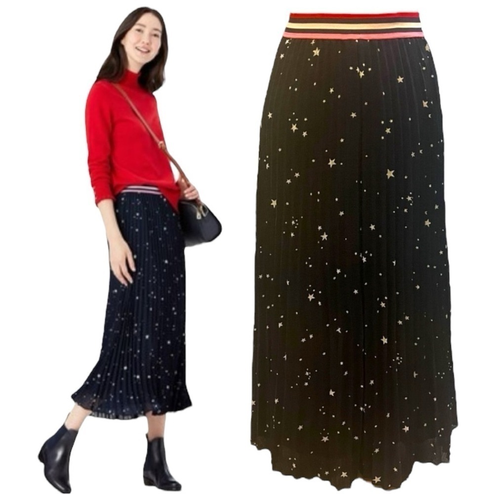 Joules Black Pleated Midi Skirt with Star Print and Red-Striped Waistband
